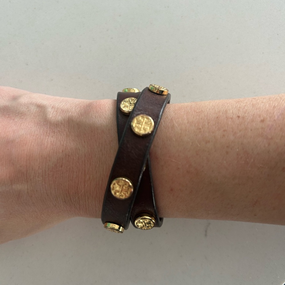 Tory Burch Dark Brown Leather Bracelet with Gold Medallions